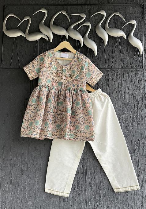 Beige Floral Jaal Print Kurta Set For Girls