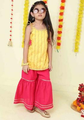 Yellow Stripes Polyester Kurta Set For Girls