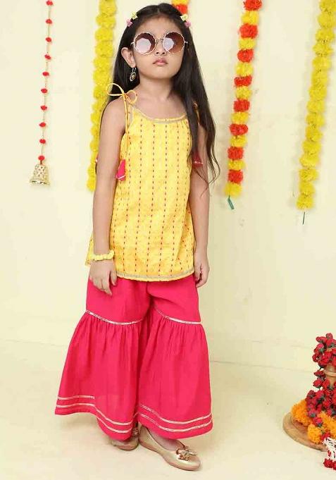 Yellow Stripes Polyester Kurta Set For Girls