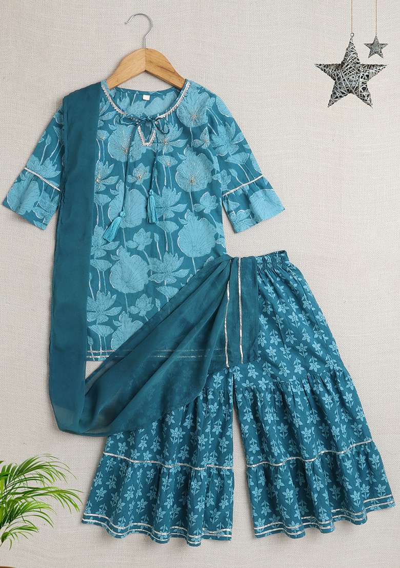 Blue Printed Cotton Kurta Set For Girls - Indya