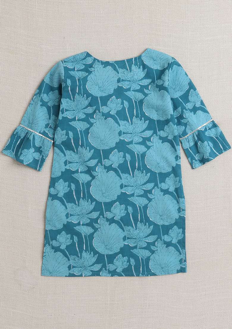 Blue Printed Cotton Kurta Set For Girls - Indya