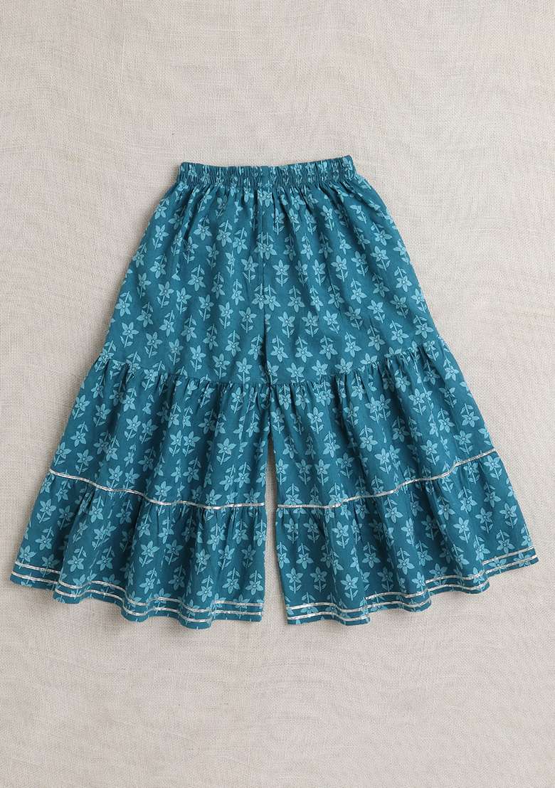 Blue Printed Cotton Kurta Set For Girls - Indya