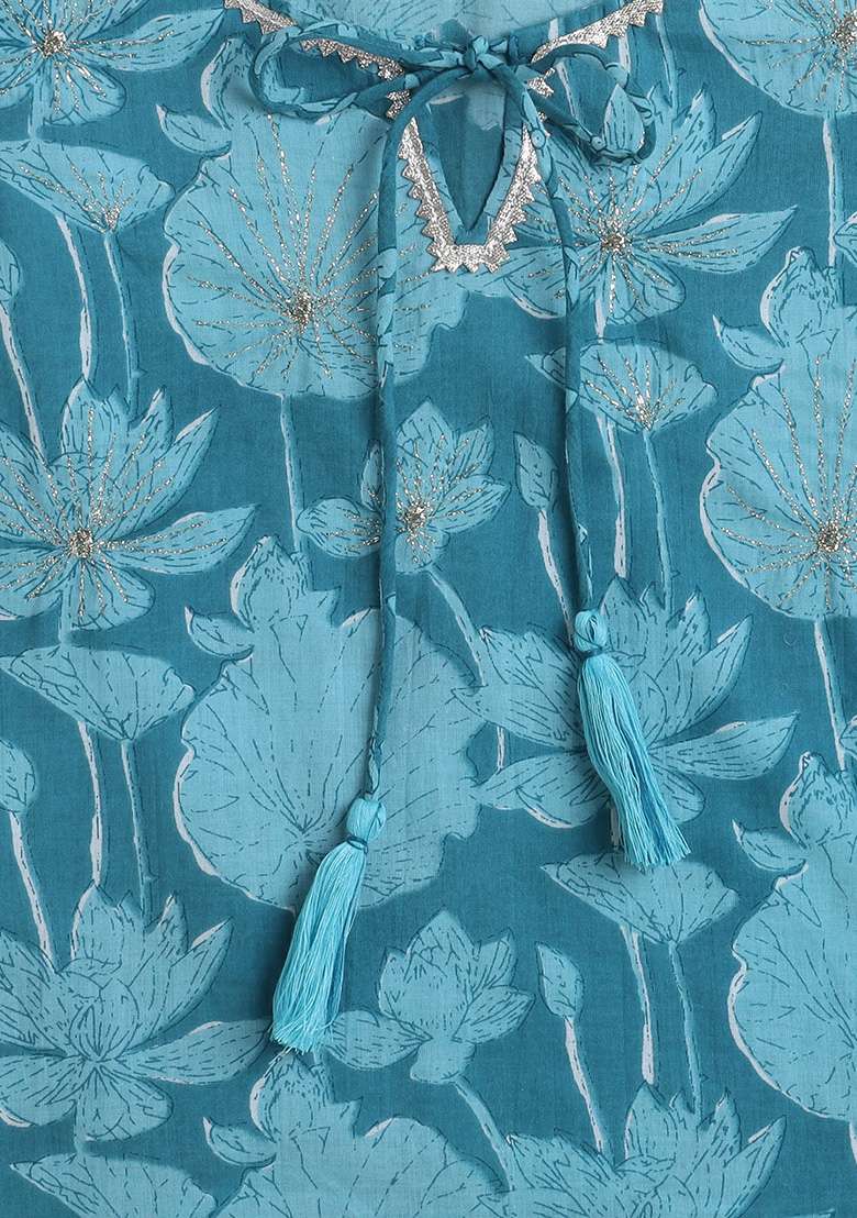 Blue Printed Cotton Kurta Set For Girls - Indya