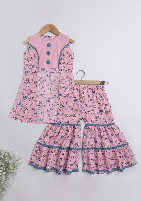 Blue Printed Cotton Kurta Set For Girls