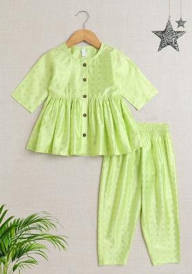 Green Printed Jacquard Kurta Set For Girls