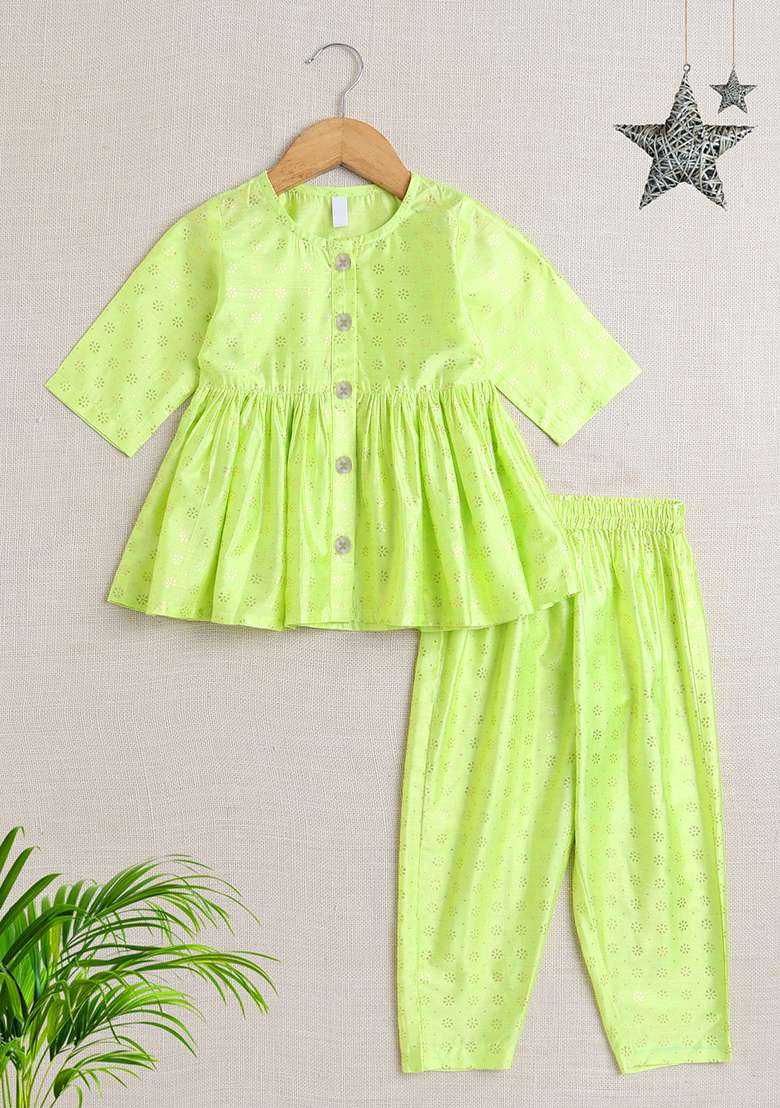 Green Printed Jacquard Kurta Set For Girls - Indya