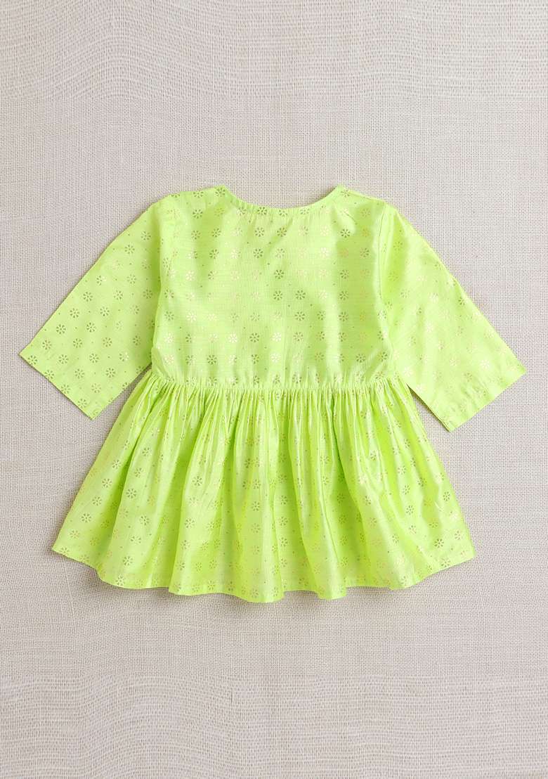 Green Printed Jacquard Kurta Set For Girls - Indya