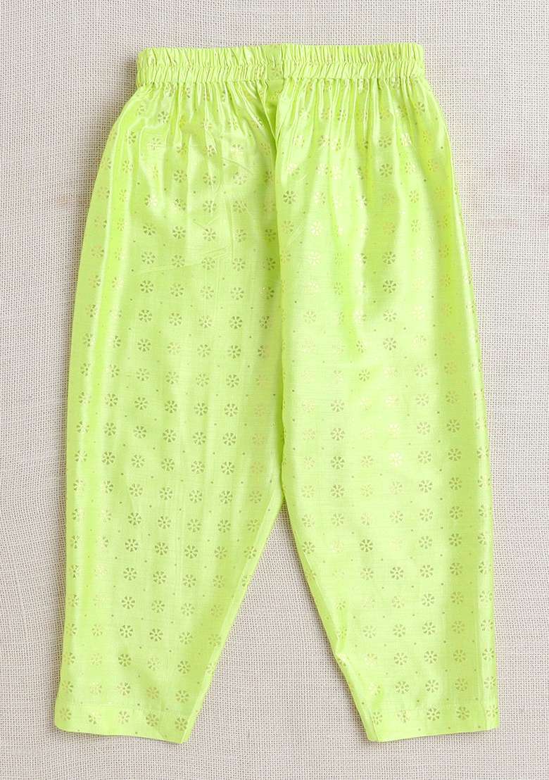 Green Printed Jacquard Kurta Set For Girls - Indya