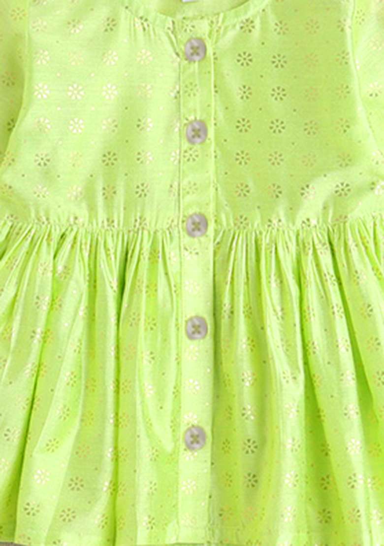 Green Printed Jacquard Kurta Set For Girls - Indya