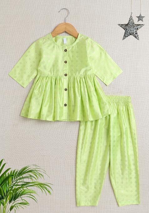 Green Printed Jacquard Kurta Set For Girls
