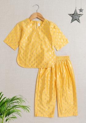 Yellow Printed Jacquard Kurta Set For Girls