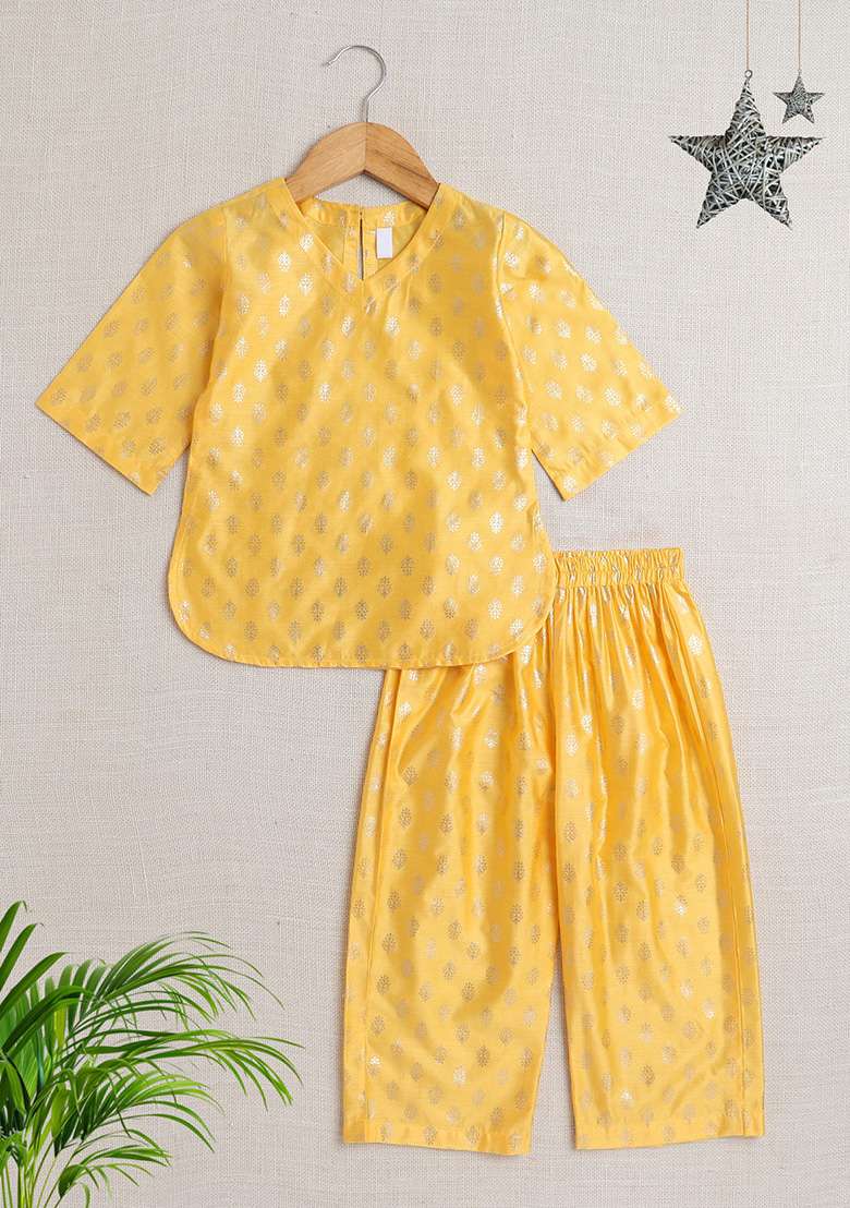 Yellow Printed Jacquard Kurta Set For Girls - Indya