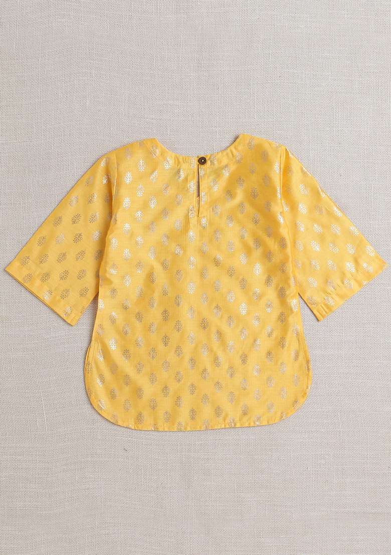 Yellow Printed Jacquard Kurta Set For Girls - Indya
