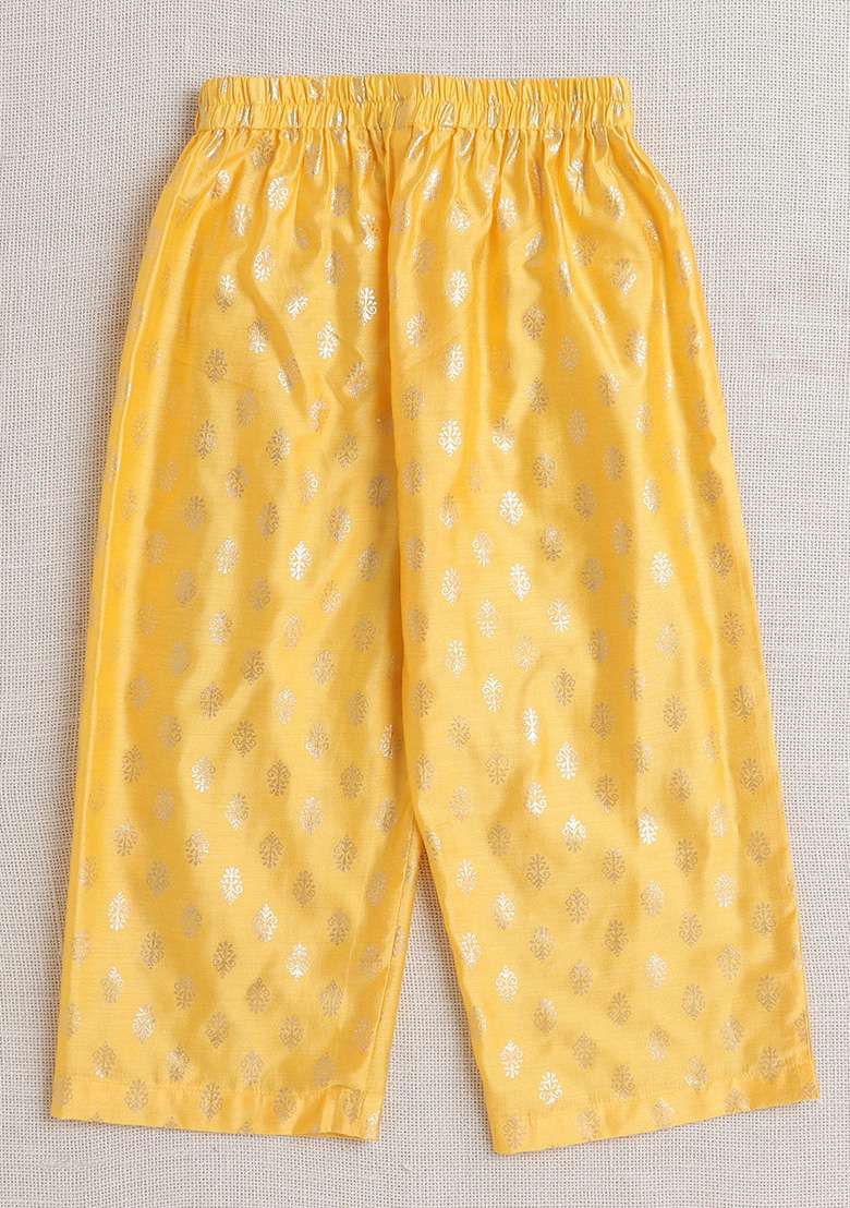 Yellow Printed Jacquard Kurta Set For Girls - Indya