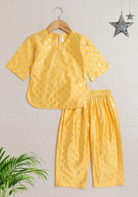 Yellow Printed Jacquard Kurta Set For Girls
