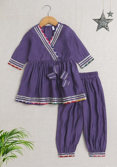 Purple Solid Polyester Kurta Set For Girls