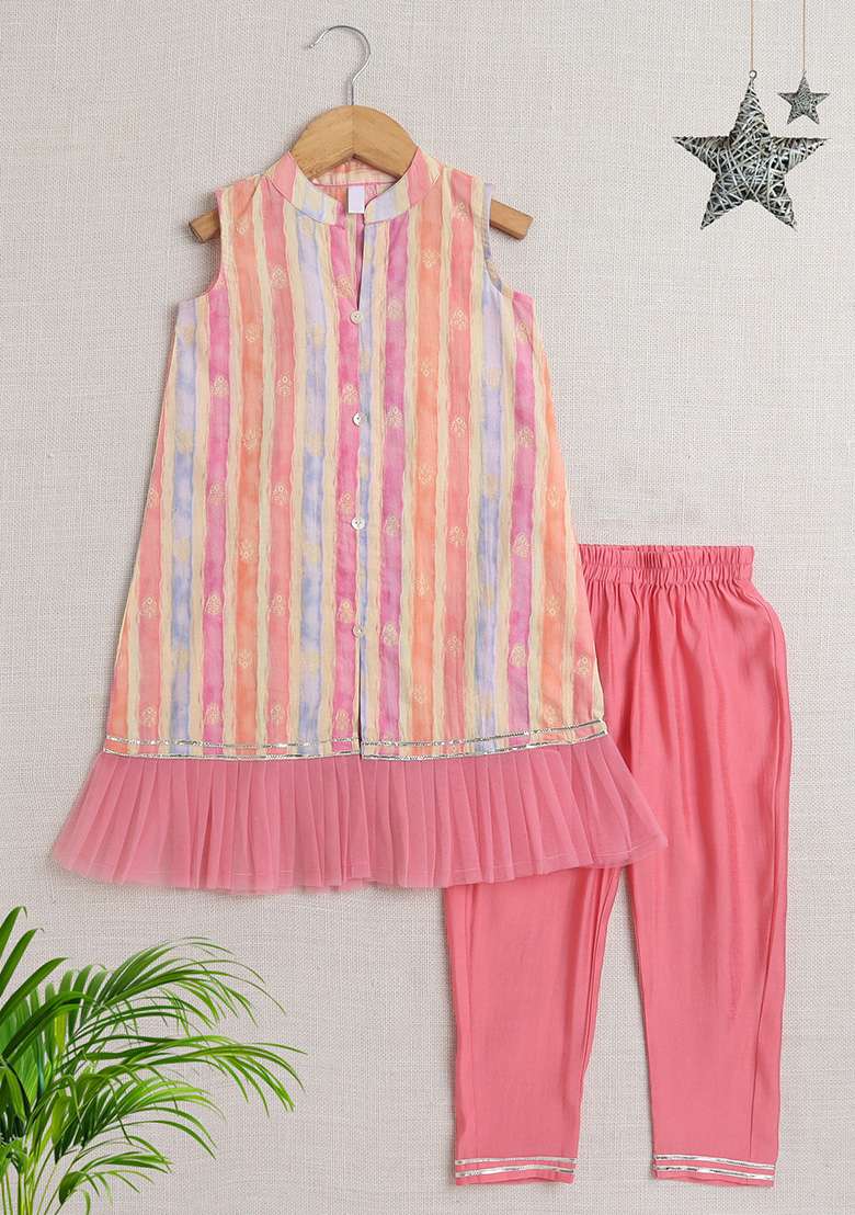 Peach Printed Cotton Kurta Set For Girls - Indya