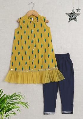 Red Printed Cotton Kurta Set For Girls