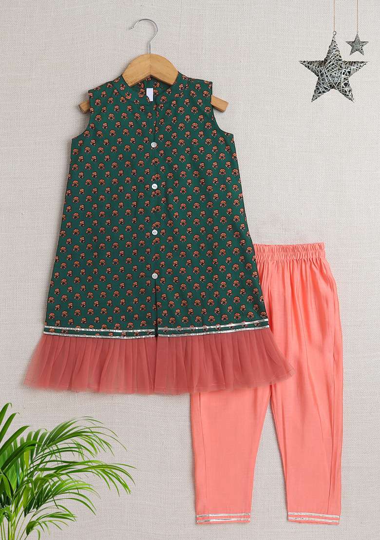 Green Printed Cotton Kurta Set For Girls - Indya