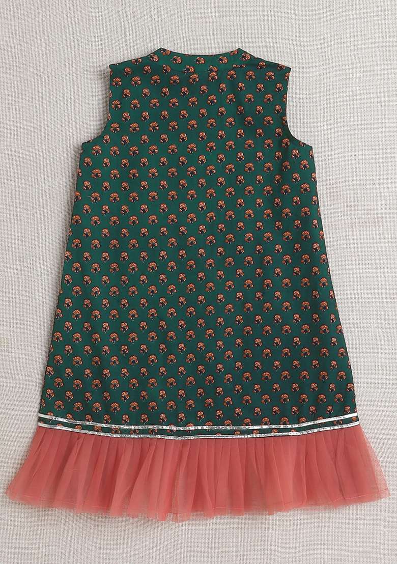 Green Printed Cotton Kurta Set For Girls - Indya
