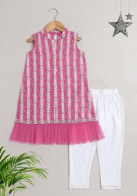 Pink Printed Cotton Kurta Set For Girls