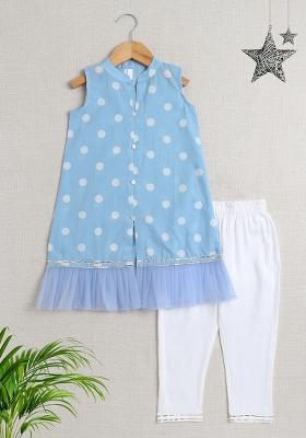 Blue Printed Rayon Kurta Set For Girls