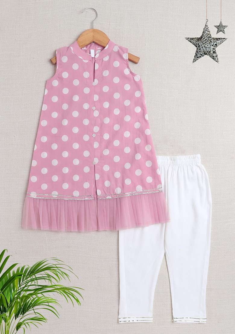 Pink Printed Rayon Kurta Set For Girls - Indya