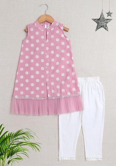 Pink Printed Rayon Kurta Set For Girls