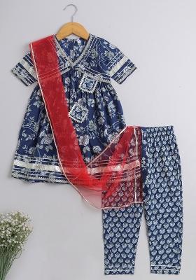 Blue Embellished Cotton Kurta Set For Girls