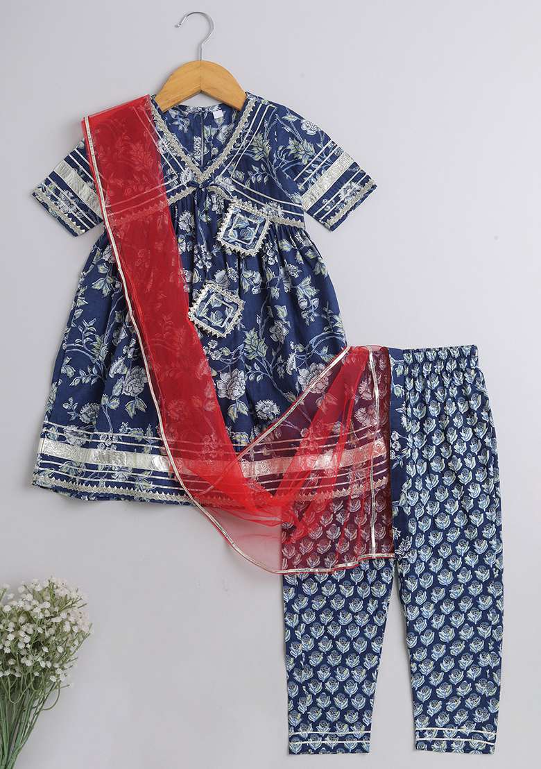 Blue Embellished Cotton Kurta Set For Girls - Indya