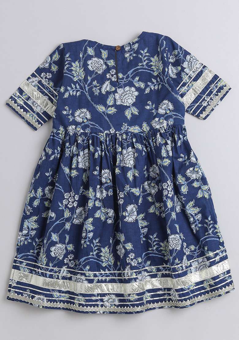 Blue Embellished Cotton Kurta Set For Girls - Indya