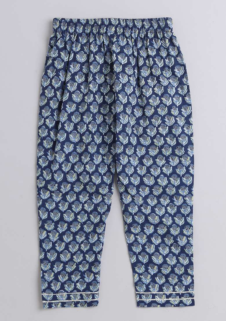 Blue Embellished Cotton Kurta Set For Girls - Indya