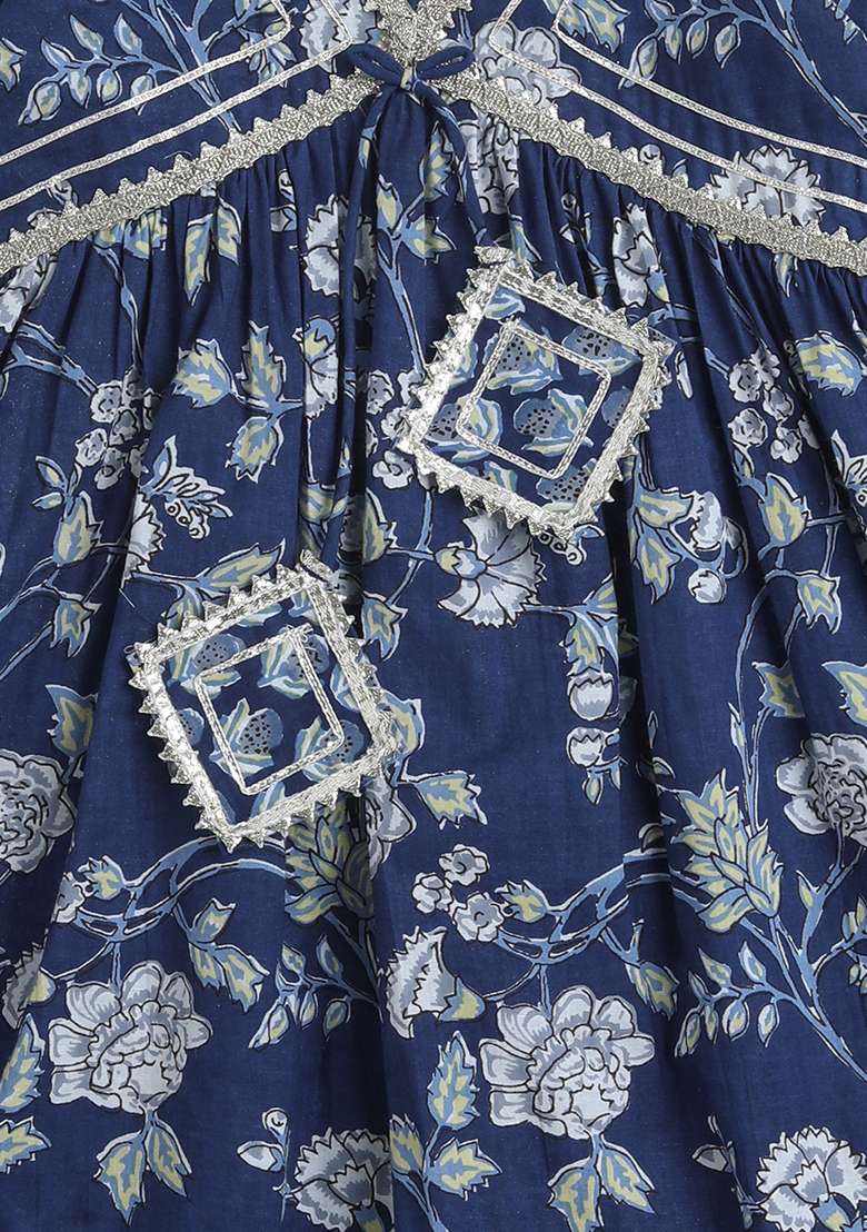 Blue Embellished Cotton Kurta Set For Girls - Indya