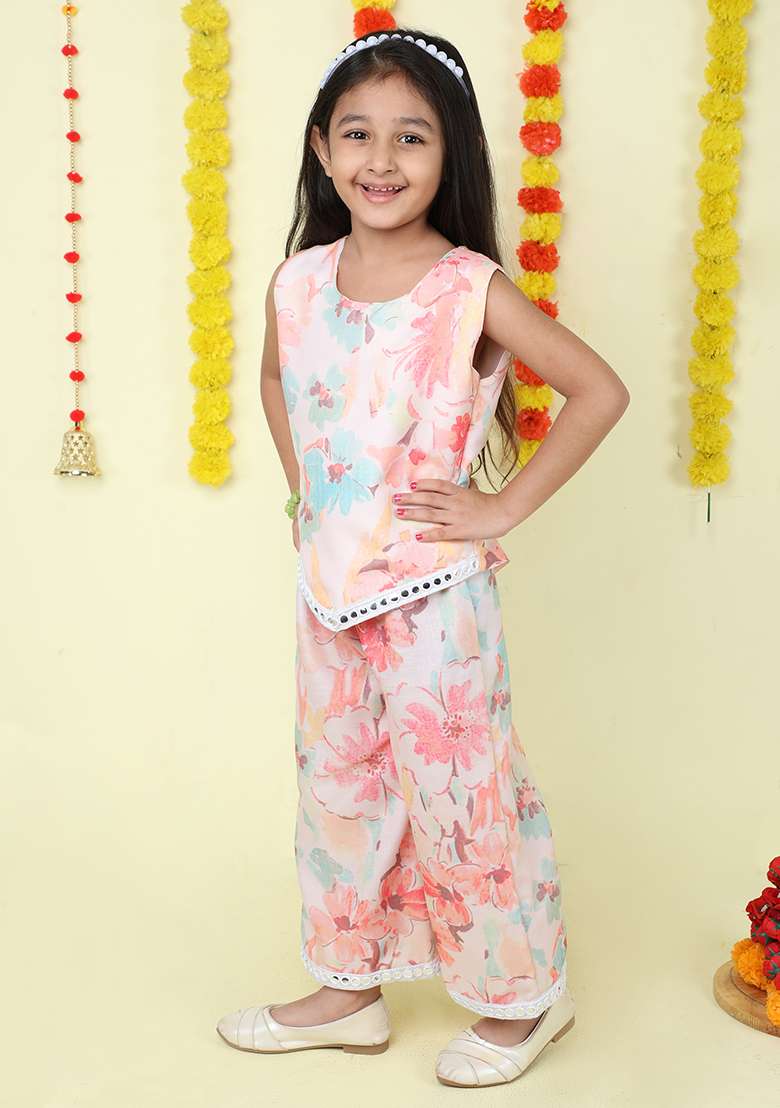 Peach Printed Cotton Kurta Set For Girls - Indya