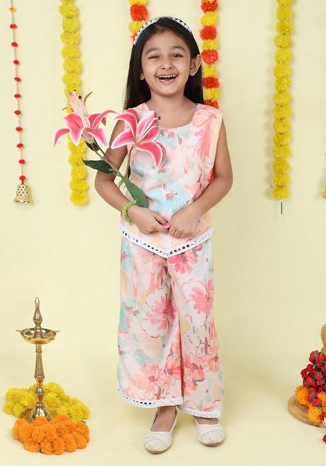 Peach Printed Cotton Kurta Set For Girls