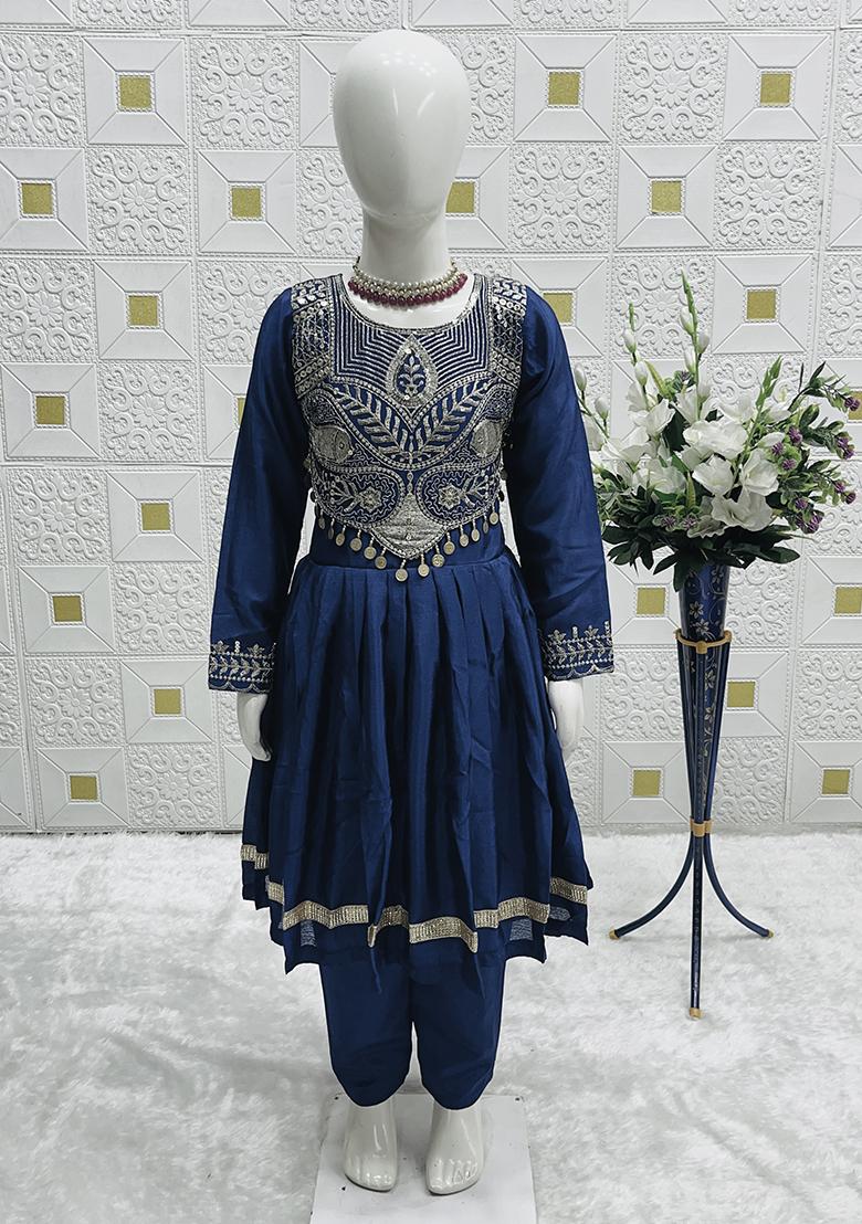 Blue Embroidery Work Chinon Silk Ethnic Gown For Girls