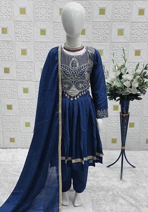 Blue Embroidery Work Chinon Silk Ethnic Gown For Girls