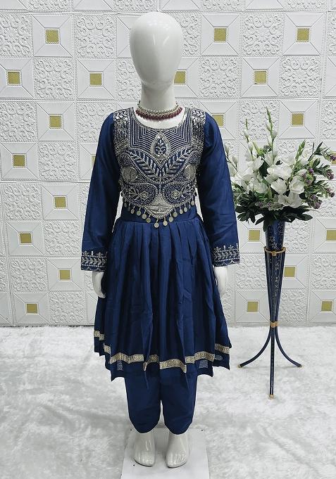 Blue Embroidery Work Chinon Silk Ethnic Gown For Girls