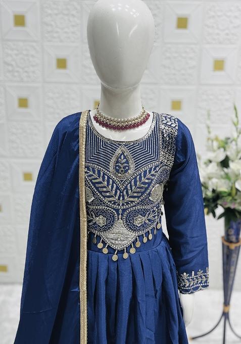 Blue Embroidery Work Chinon Silk Ethnic Gown For Girls