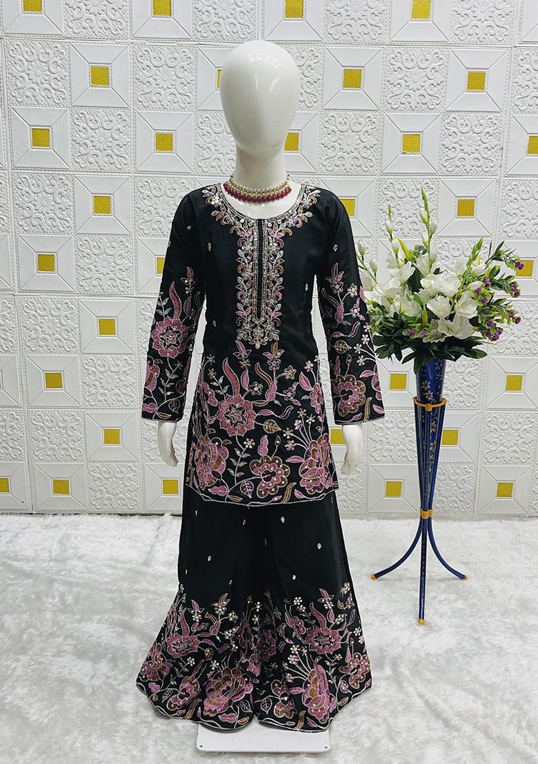 Black Embroidery Work Chinon Silk Salwar Suit For Girls - Indya
