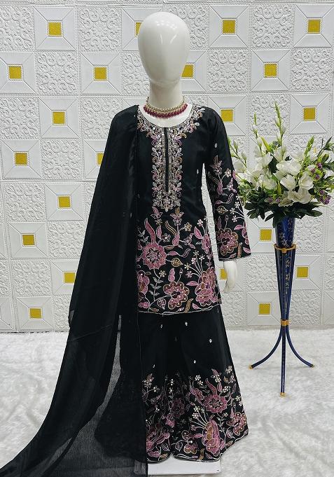Black Embroidery Work Chinon Silk Salwar Suit For Girls