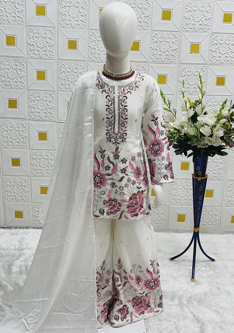 White Embroidery Work Chinon Silk Salwar Suit For Girls