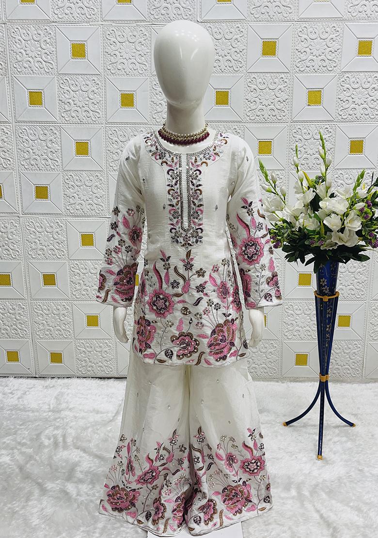 White Embroidery Work Chinon Silk Salwar Suit For Girls
