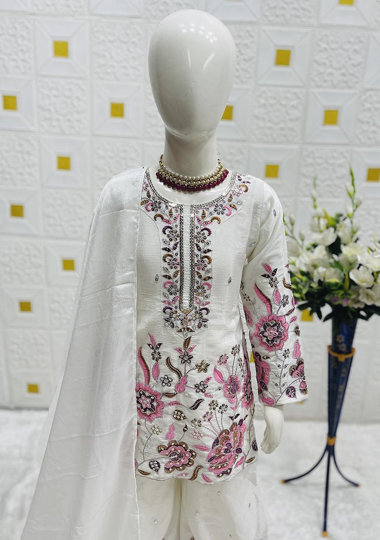 White Embroidery Work Chinon Silk Salwar Suit For Girls