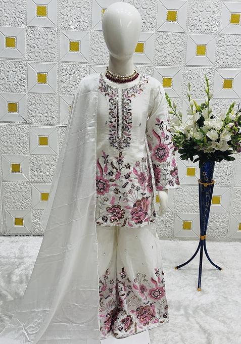White Embroidery Work Chinon Silk Salwar Suit For Girls