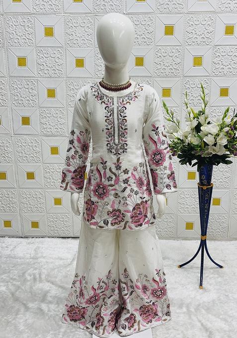 White Embroidery Work Chinon Silk Salwar Suit For Girls