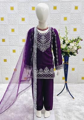 Purple Embroidery Work Crep Silk Salwar Suit For Girls