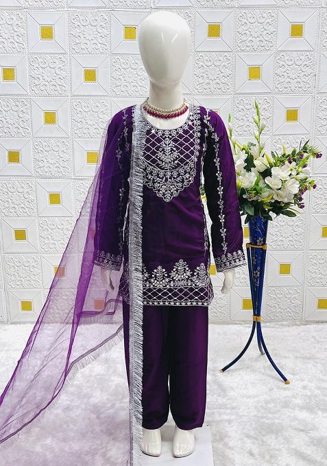 Purple Embroidery Work Crep Silk Salwar Suit For Girls