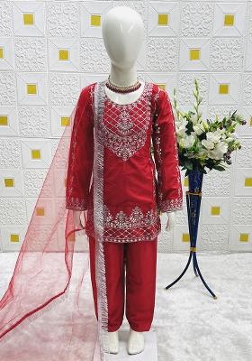 Red Embroidery Work Crep Silk Salwar Suit For Girls