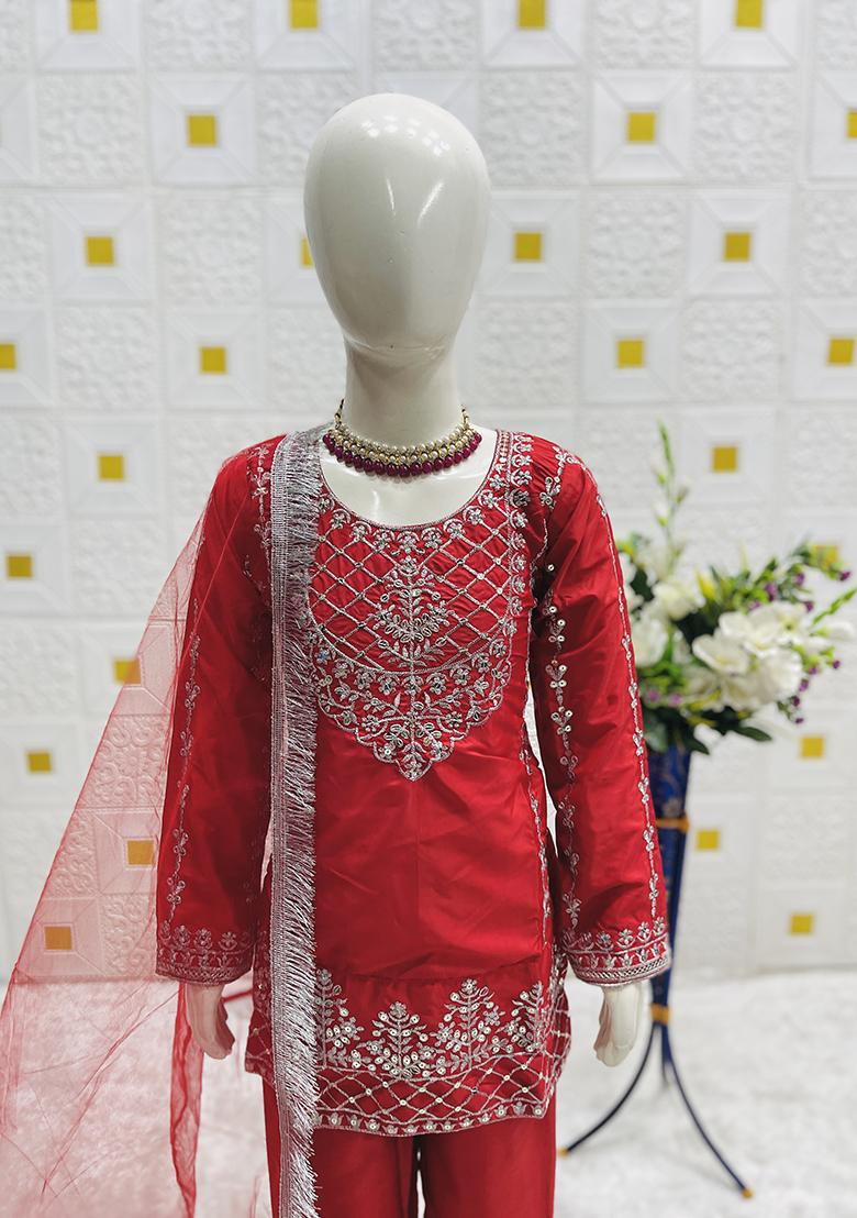 Red Embroidery Work Crep Silk Salwar Suit For Girls